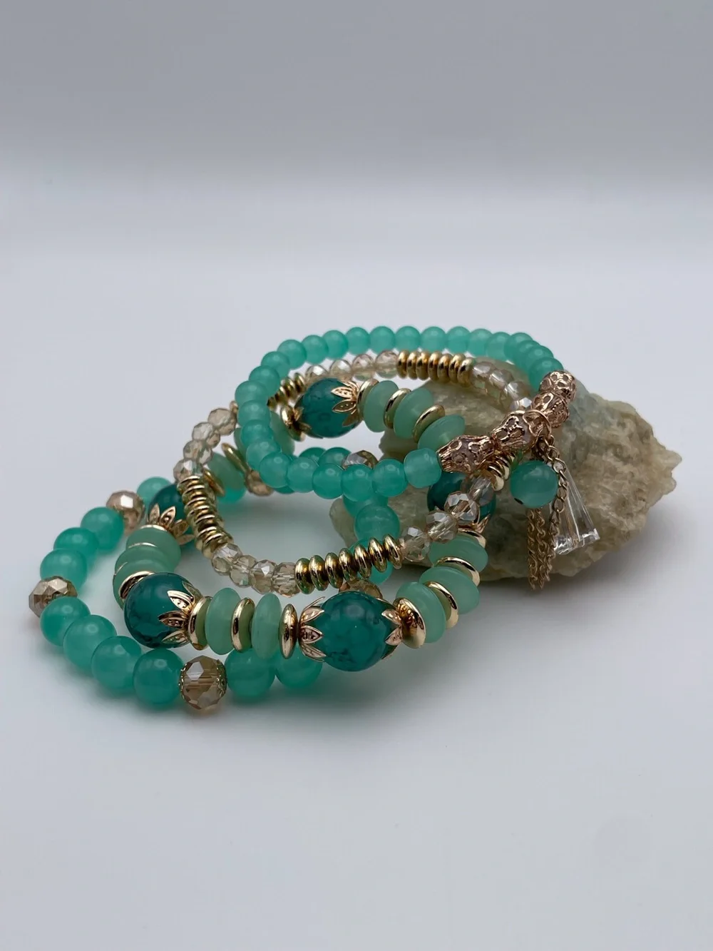 4 Piece Tassel Charm Beaded Stretch Bracelet Aqua